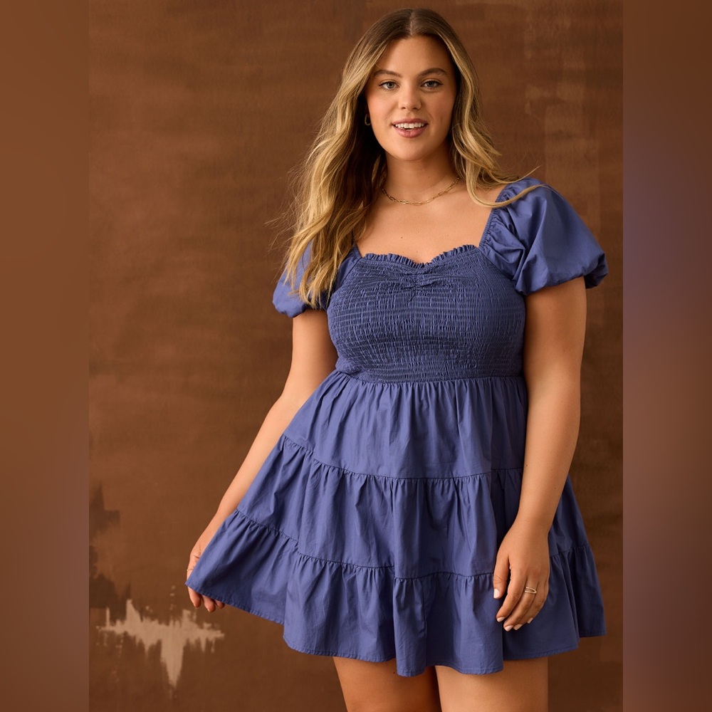 NEW Arula Laine Babydoll Dress Short Puff Sleeve Mini Denim Blue Amazing 1X